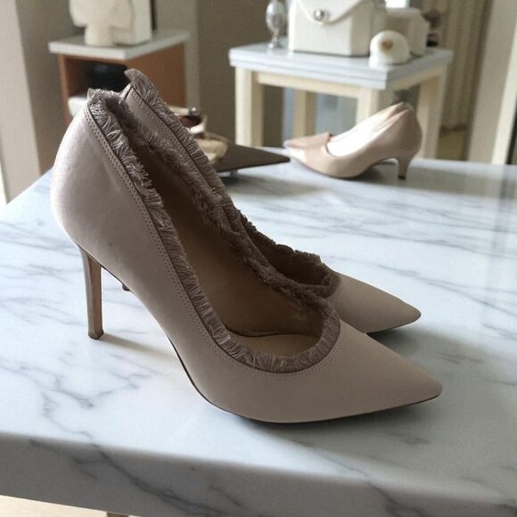 SAM EDELMAN Lavender Gray Fringe Fabric Trim Heels Size 9.5 - Picture 1 of 8